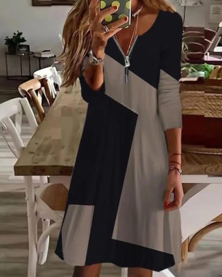 Colorblock Zip Detail Long Sleeve Casual Dress