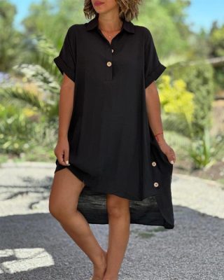 Button Detail High Low Hem Casual Dress