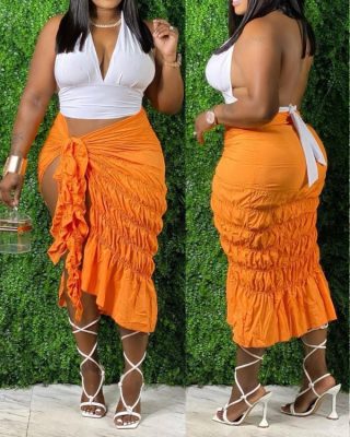 Tied Detail Ruched Ruffle Hem High Slit Skirt