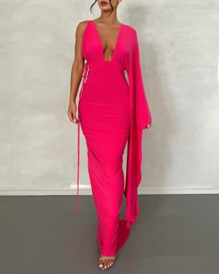 Asymmetrical Neck Backless Plunge Evening Dress