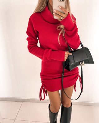 Drawstring Ruched Turtleneck Long Sleeve Dress