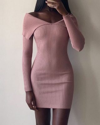 Off Shoulder Long Sleeve Knitted Bodycon Dress