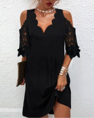Contrast Lace Cold Shoulder Casual Dress