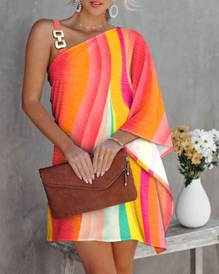 Colorblock Chain Strap Asymmetrical Neck Casual Dress