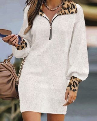 Contrast Leopard Zip Front Lantern Sleeve Casual Dress