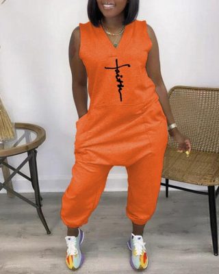Faith Print Pocket Design Sleeveless Jumpsuit