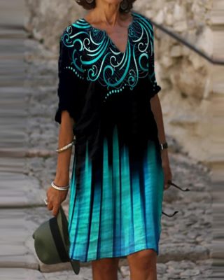 Colorblock Half Sleeve Casual Dress Shift Dress Knee Length Dress