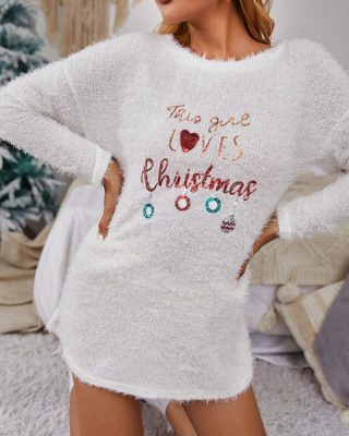 Christmas Sequins Long Sleeve Fluffy Sweater Dress