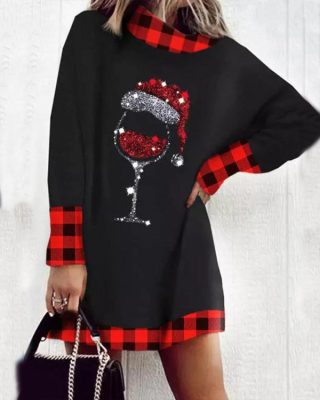 Christmas Wine Glass Plaid Print Casual Dress