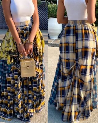 Plaid Colorblock Pleated Maxi Skirt