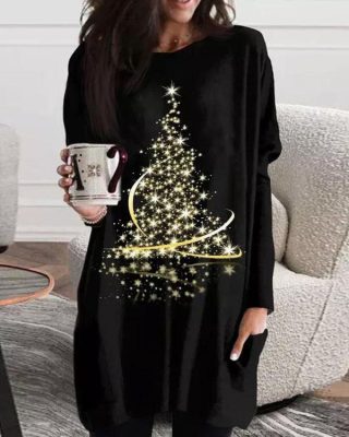Christmas Tree Print Long Sleeve Casual Dress