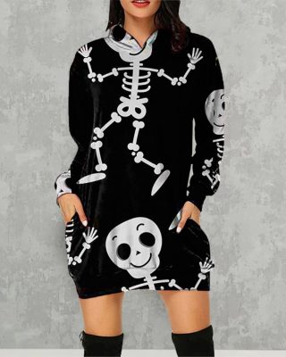 Halloween Graphic Print Hooded Sweatshirt Dress