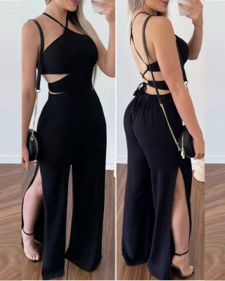 Criss Cross Backless Split Hem Jumpsuit