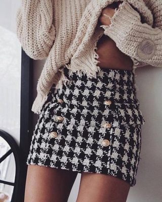 Houndstooth Print Button Decor Pocket Mini Skirt