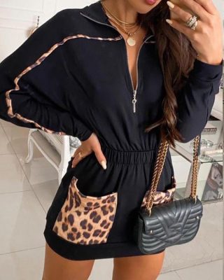 Cheetah Print Colorblock Pocket Design Casual Dress