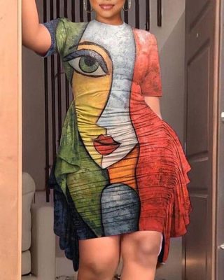 Abstract Figure Print Ruffle Hem Ruched Casual Dress