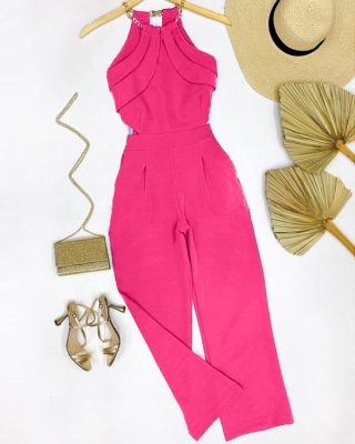 Chain Strap Ruched Wide Leg Jumpsuit