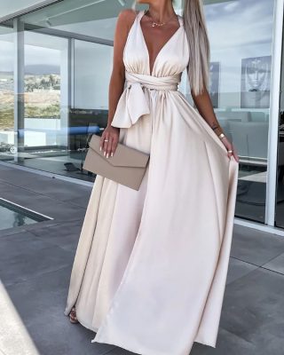 Deep V-Neck Sleeveless Flared Evening Dress