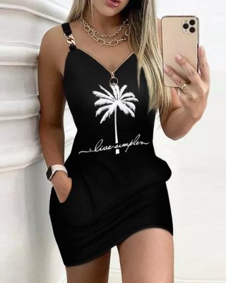 Coconut Tree Print Chain Decor Casual Dress